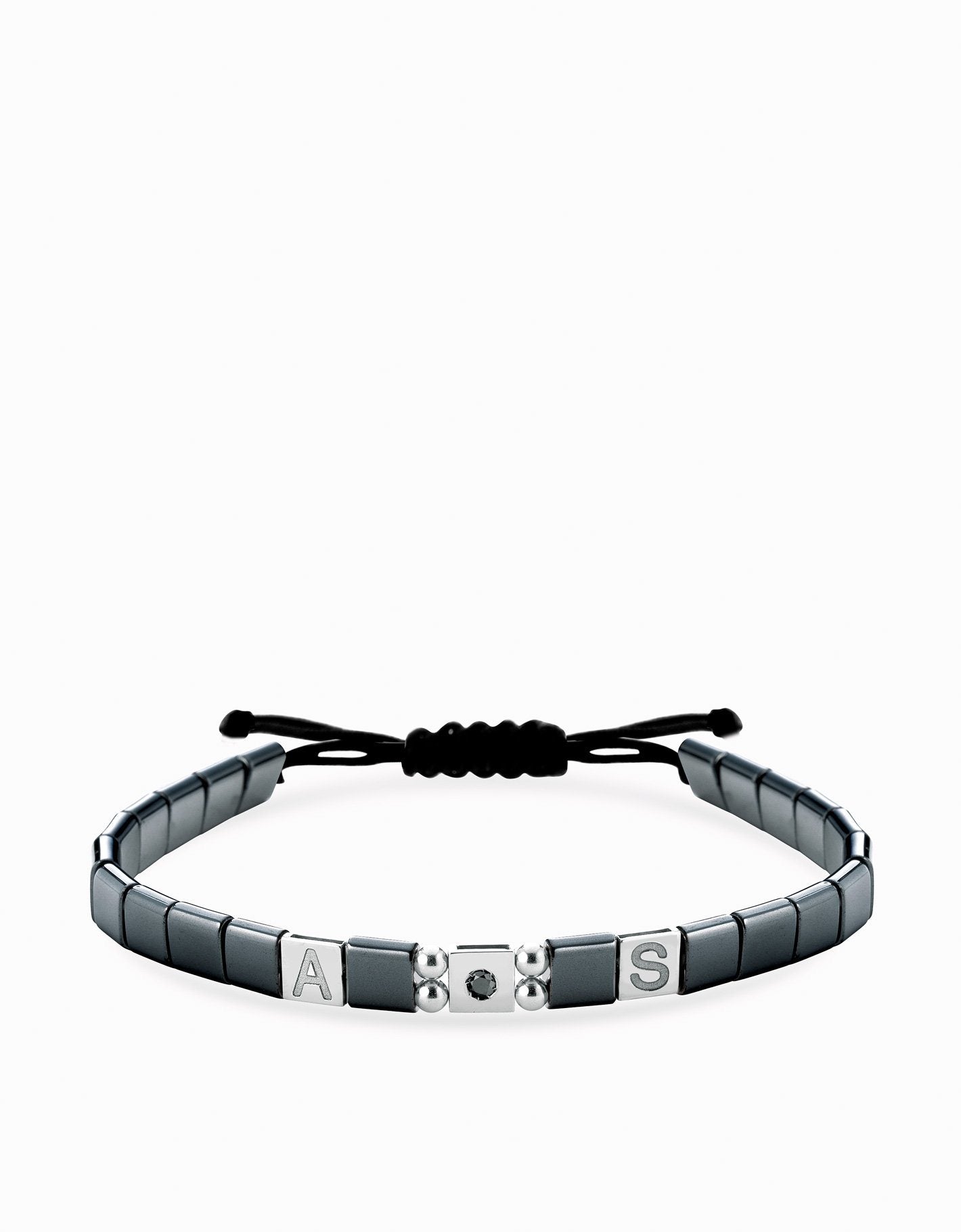 Bracciale in cordino personalizzabile con ematite quadrata inserti in oro e diamante nero Dalù Gioielli 