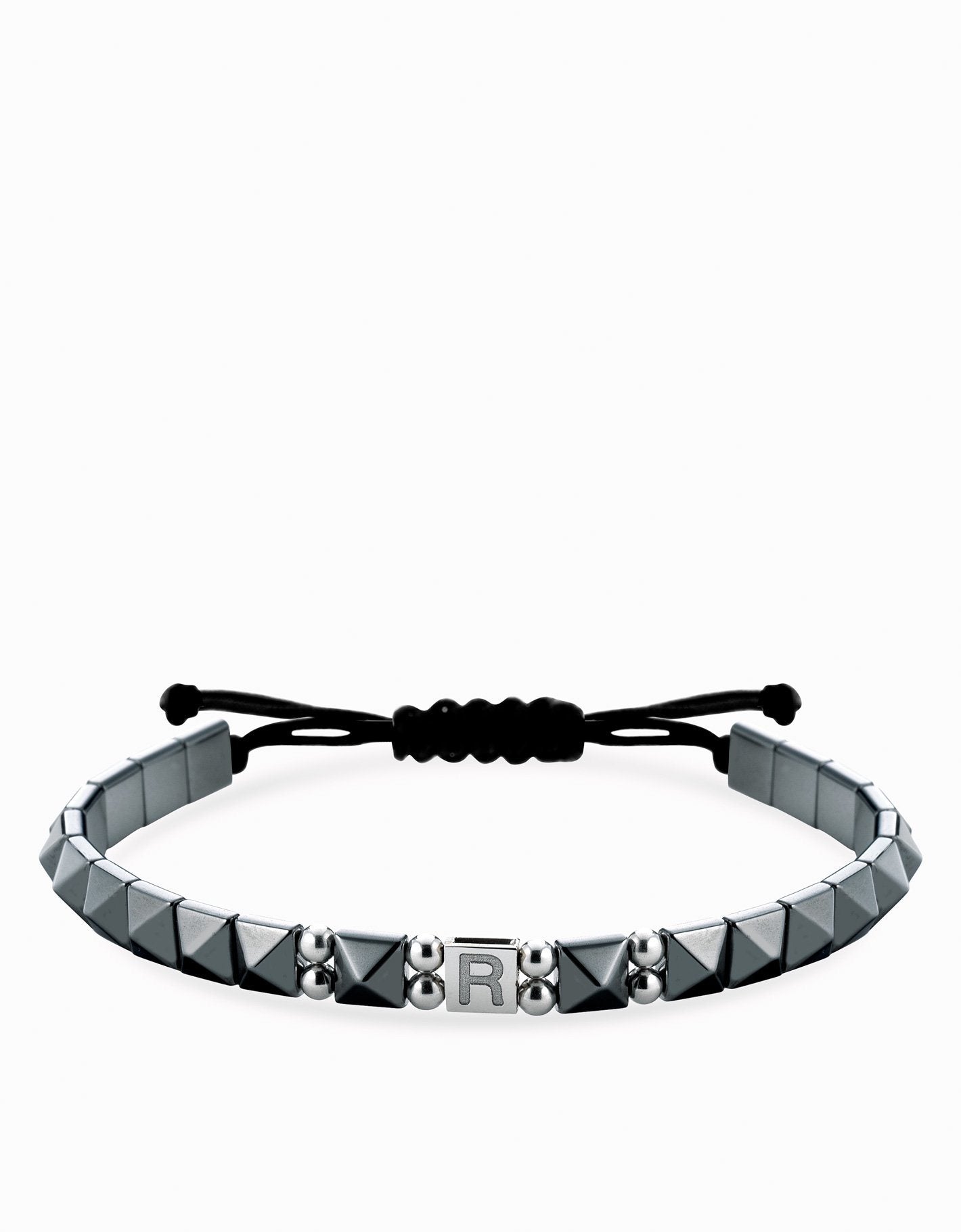 Bracciale in cordino personalizzato con ematite e inserti in oro bianco Dalù Gioielli 