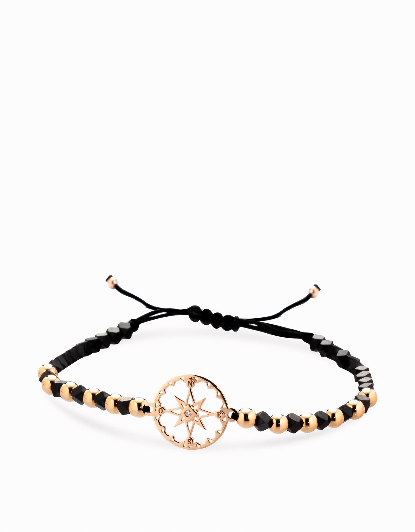 Bracciale in cordino sfere in ematite, briolè e oro e rosa dei venti in oro rosa e diamante Dalù Gioielli 