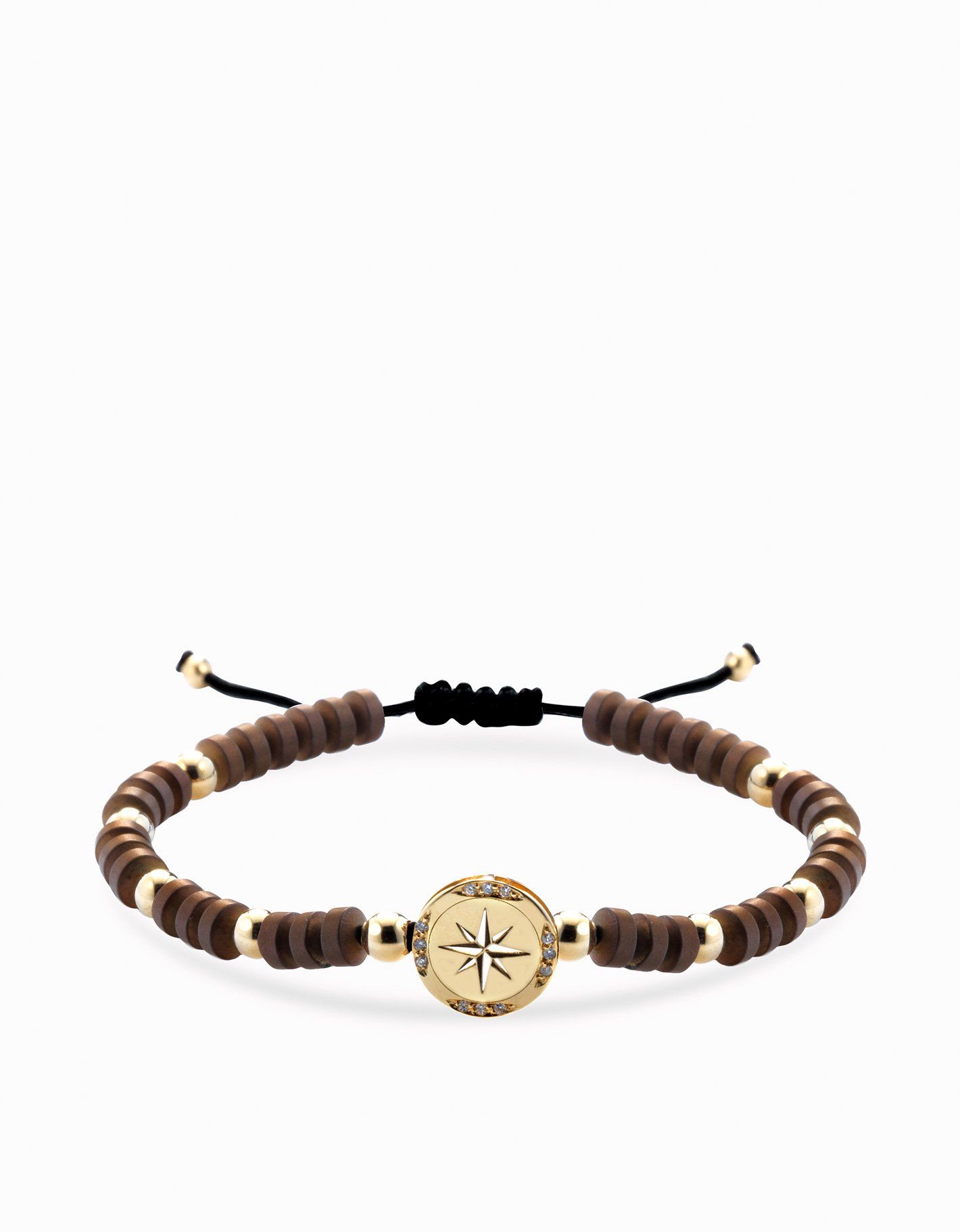 Bracciale in cordino sfere in ematite e sfera centrale con rosa dei venti in oro giallo e diamanti Dalù Gioielli 