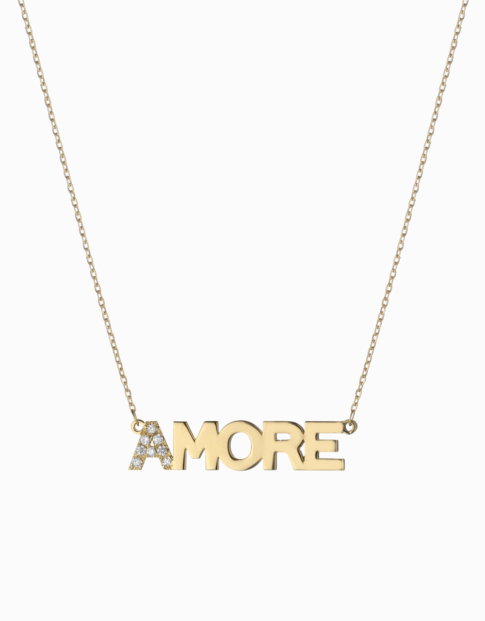 ciondolo in oro giallo con scritta AMORE  e diamanti