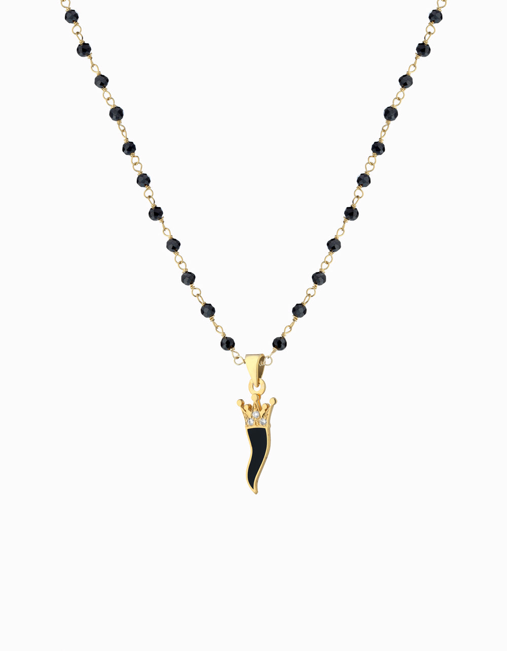 Ciondolo catena pallinata nera in oro giallo con corno smaltato nero e diamanti