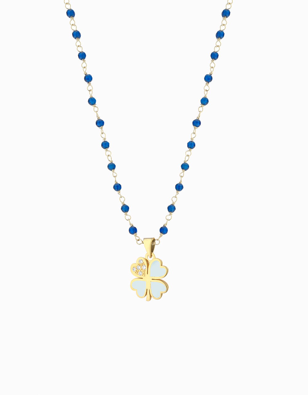 Ciondolo catena pallinata blu in oro giallo con quadrifoglio smaltato bianco e diamanti