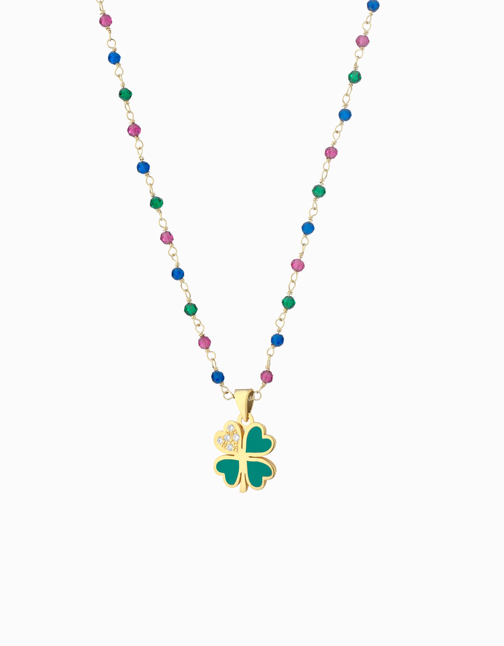 Ciondolo catena pallinata colorata in oro giallo con quadrifoglio smaltato verde e diamanti