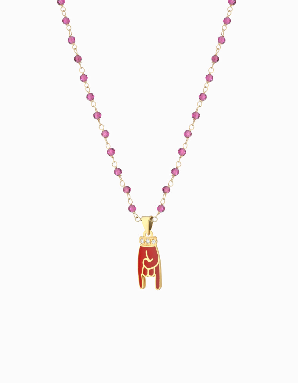 Ciondolo catena pallinata colorata in oro giallo con lucky smaltato rosso e diamanti