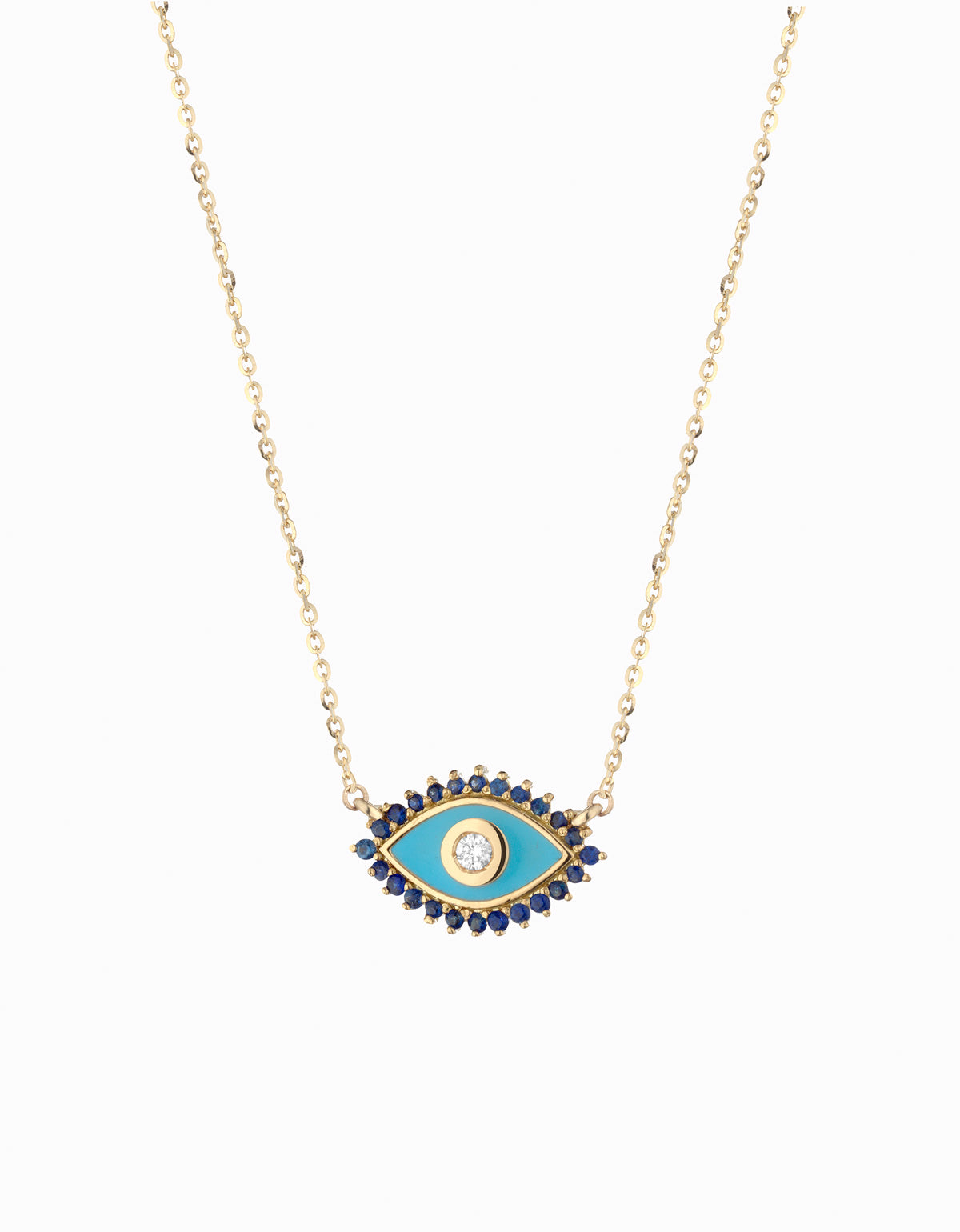 Ciondolo occhio in oro giallo con diamanti bianchi e zaffiri