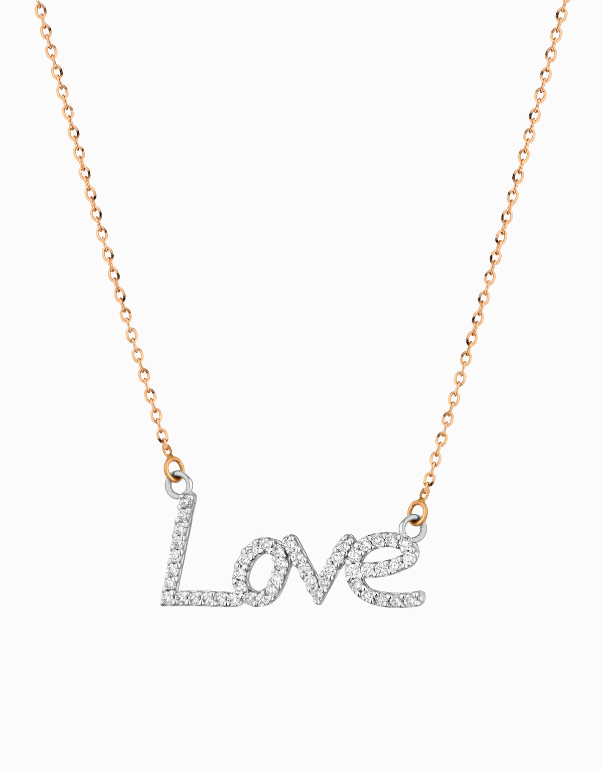 CIONDOLO BICOLORE ORO ROSA E ORO BIANCO CON SCRITTA LOVE E DIAMANTI