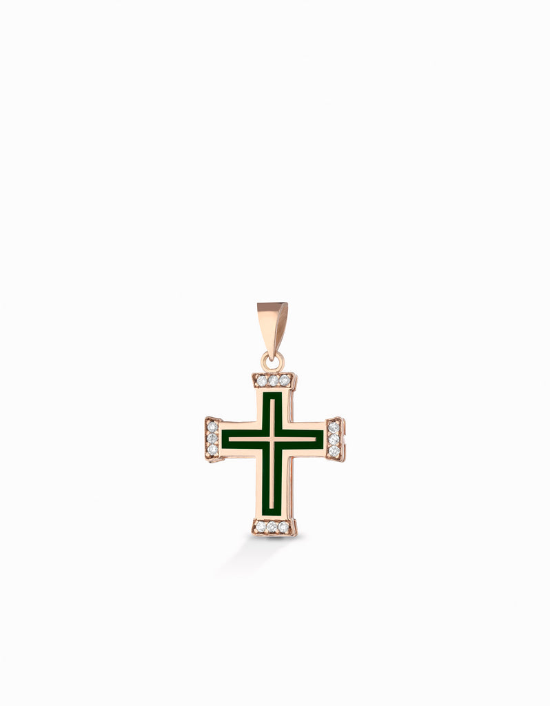 Croce in oro rosa con diamanti e smalto verde