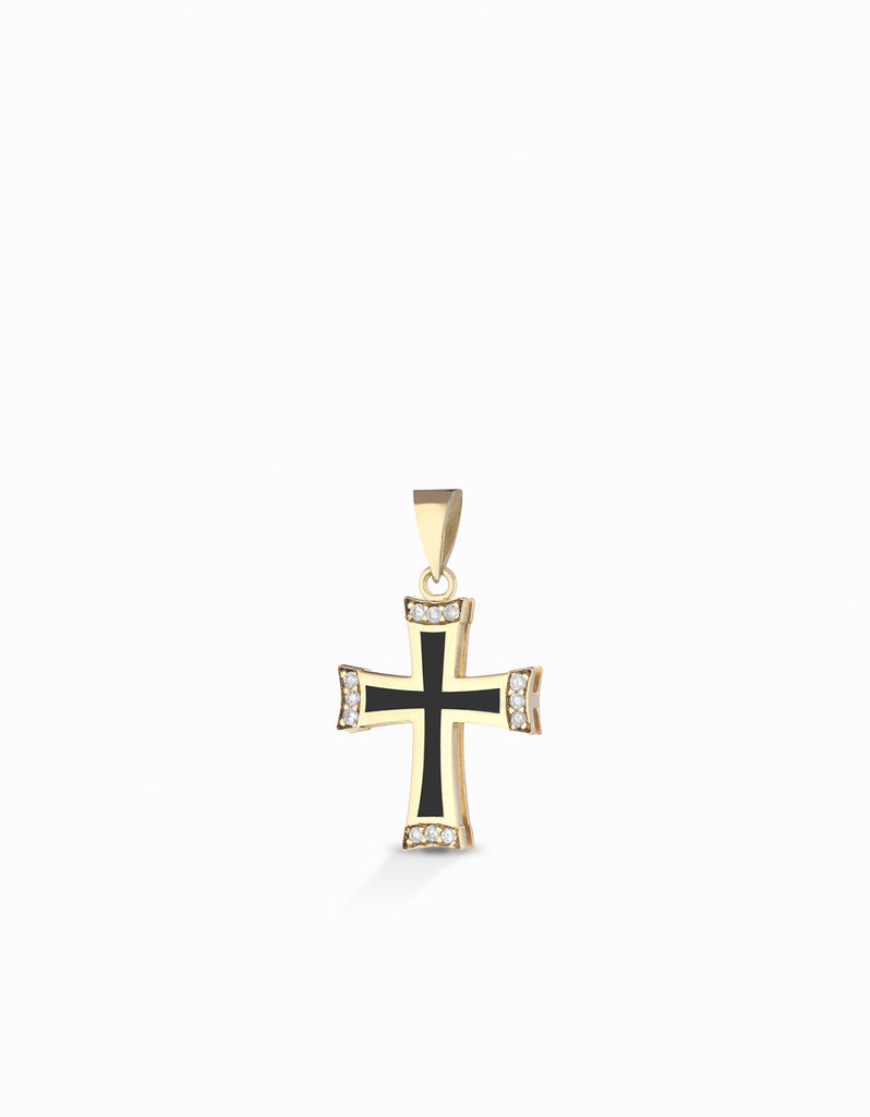Croce in oro giallo con diamanti e smaltato nero