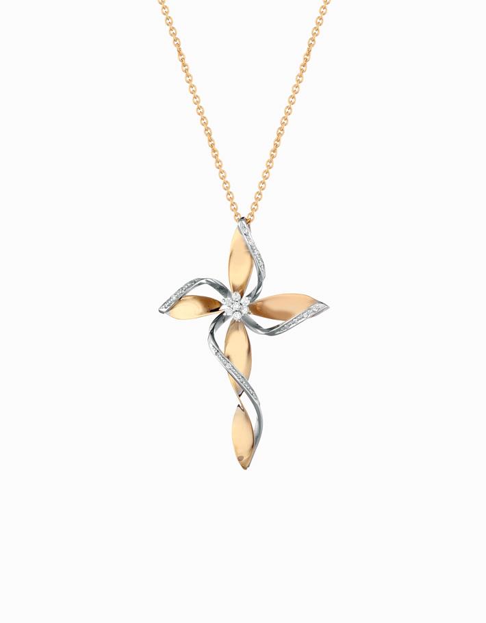 Croce piccola flower stilizzata in oro giallo e diamanti Dalù Gioielli 