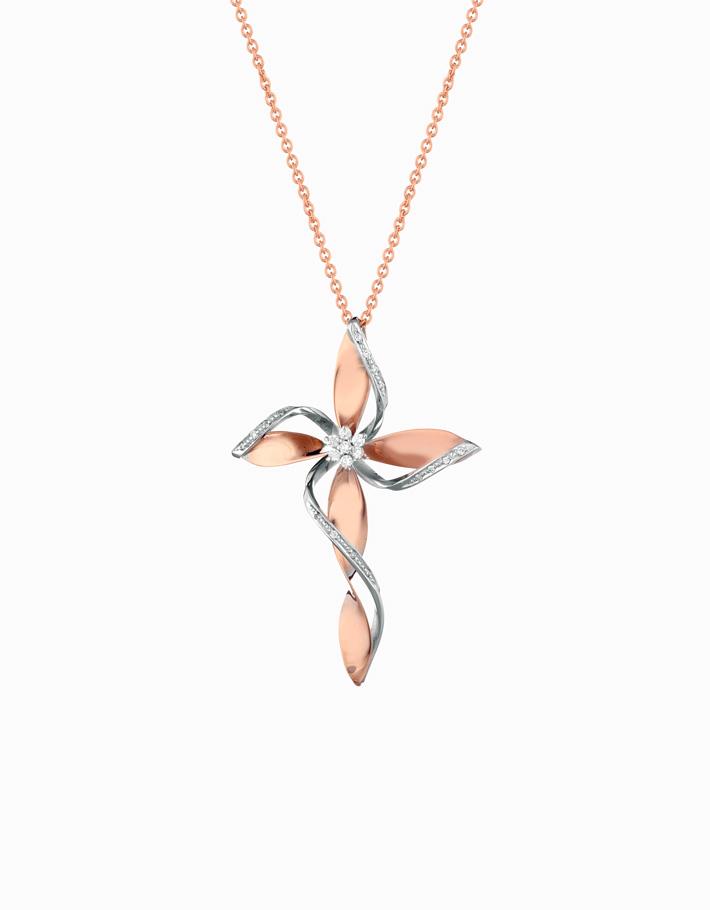 Croce piccola flower stilizzata in oro rosa e diamanti Dalù Gioielli 