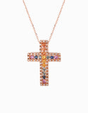 croce grande in oro rosa con diamanti e zaffiri rainbow