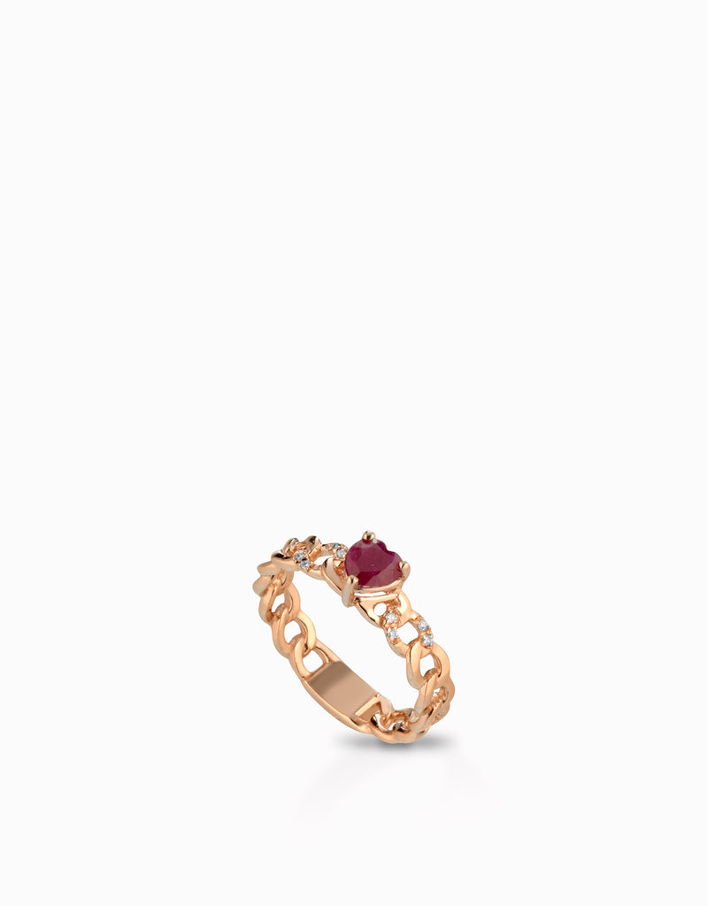 Anello grumetta con cuore centrale rubino e diamanti in oro rosa