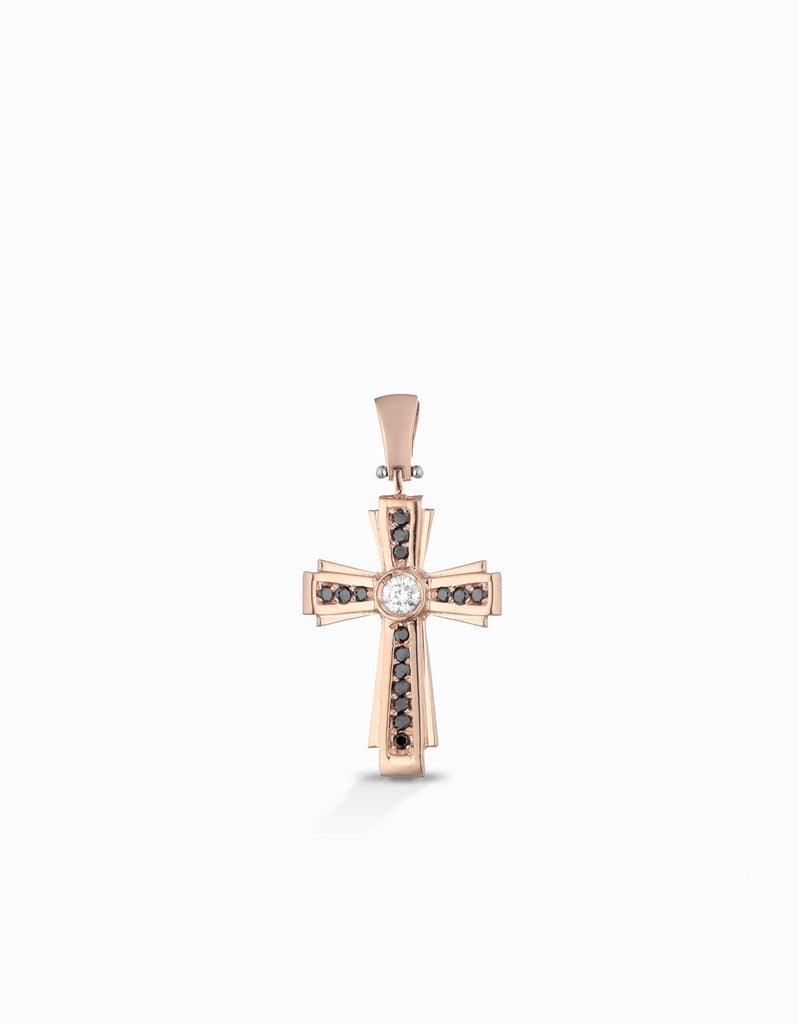 Croce in oro rosa con diamanti bianchi e neri
