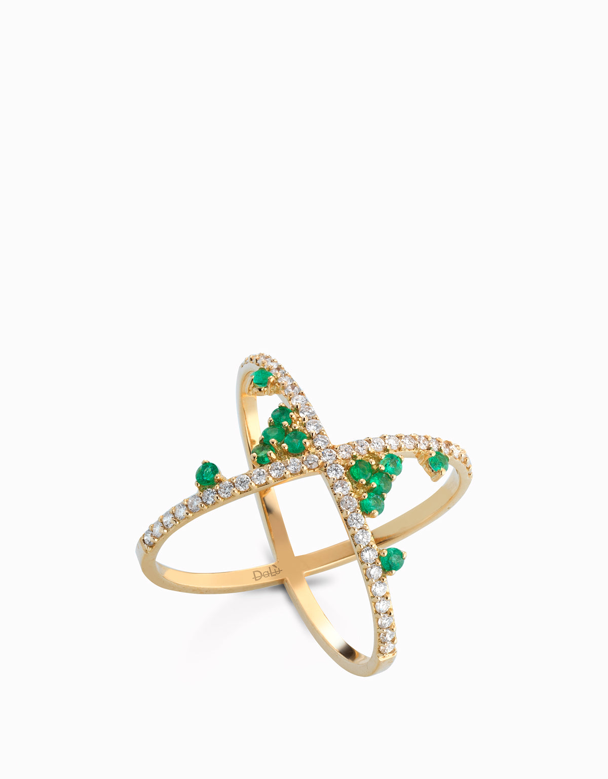 ANELLO A X CON DIAMANTI E SMERALDI IN ORO GIALLO