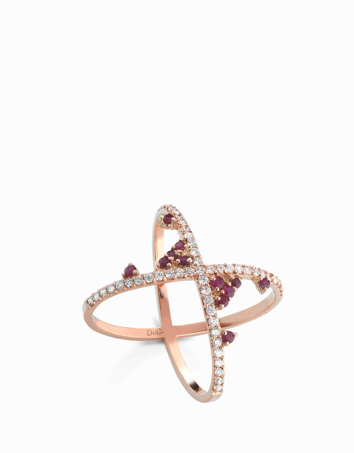 ANELLO A X CON DIAMANTI E RUBINI IN ORO ROSA