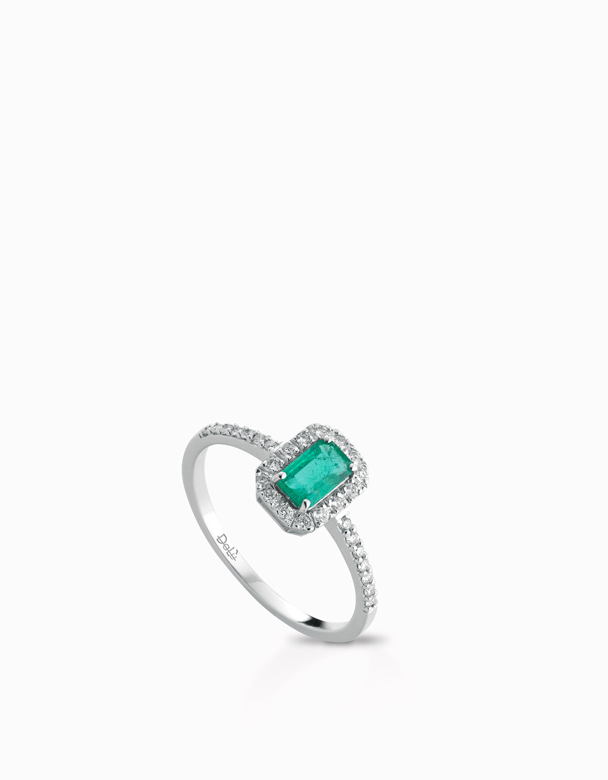 ANELLO IN ORO BIANCO CON DIAMANTI E CENTRALE QUADRATO CON SMERALDO