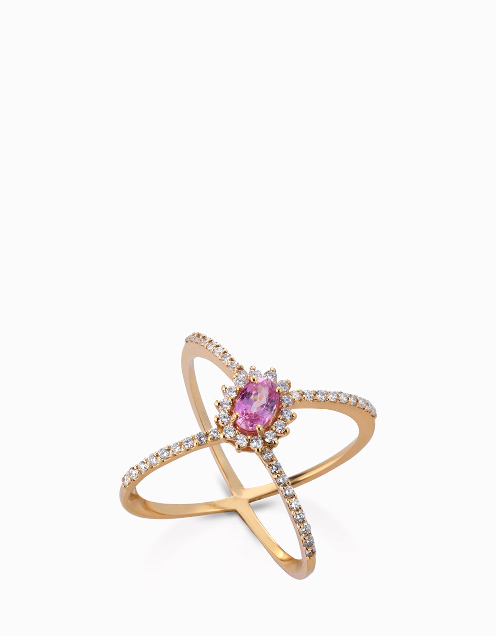 ANELLO FANTASIA IN ORO GIALLO CON DIAMANTI E CENTRALE ZAFFIRO ROSA