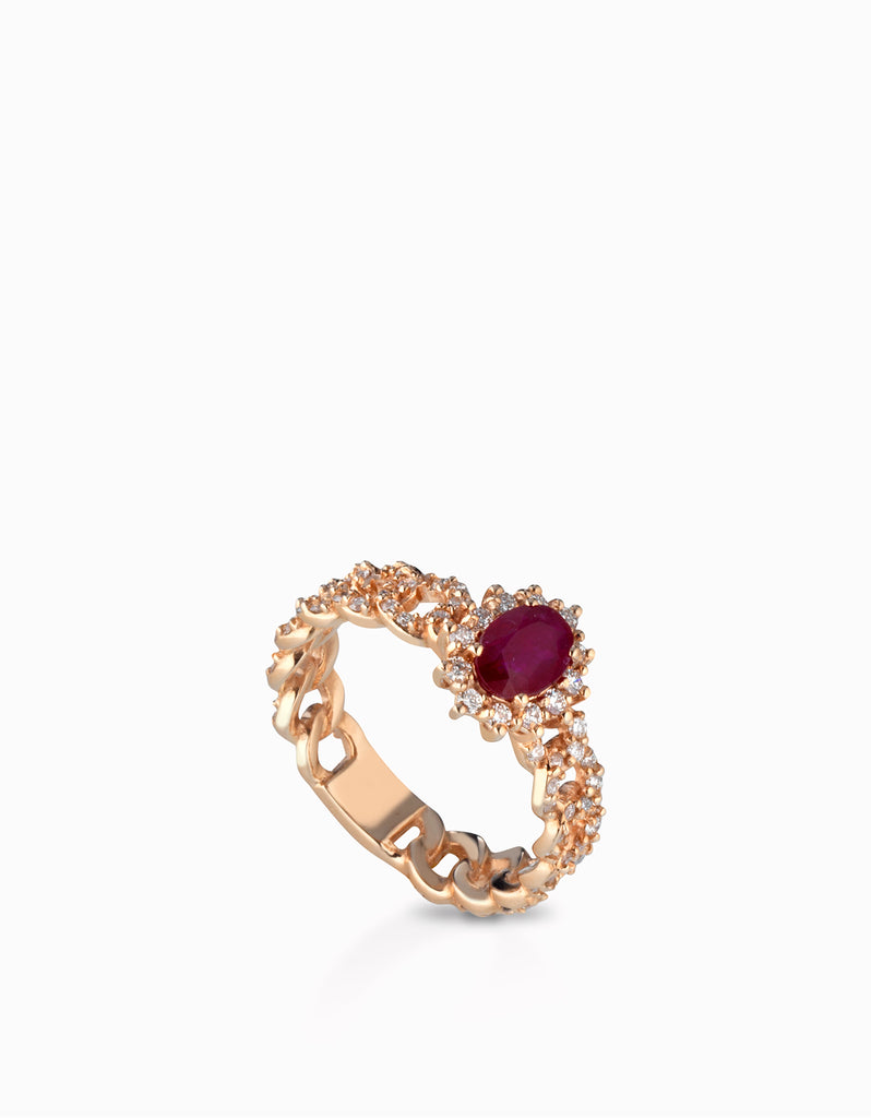 anello grumetta con diamanti e rubino centrale in oro rosa