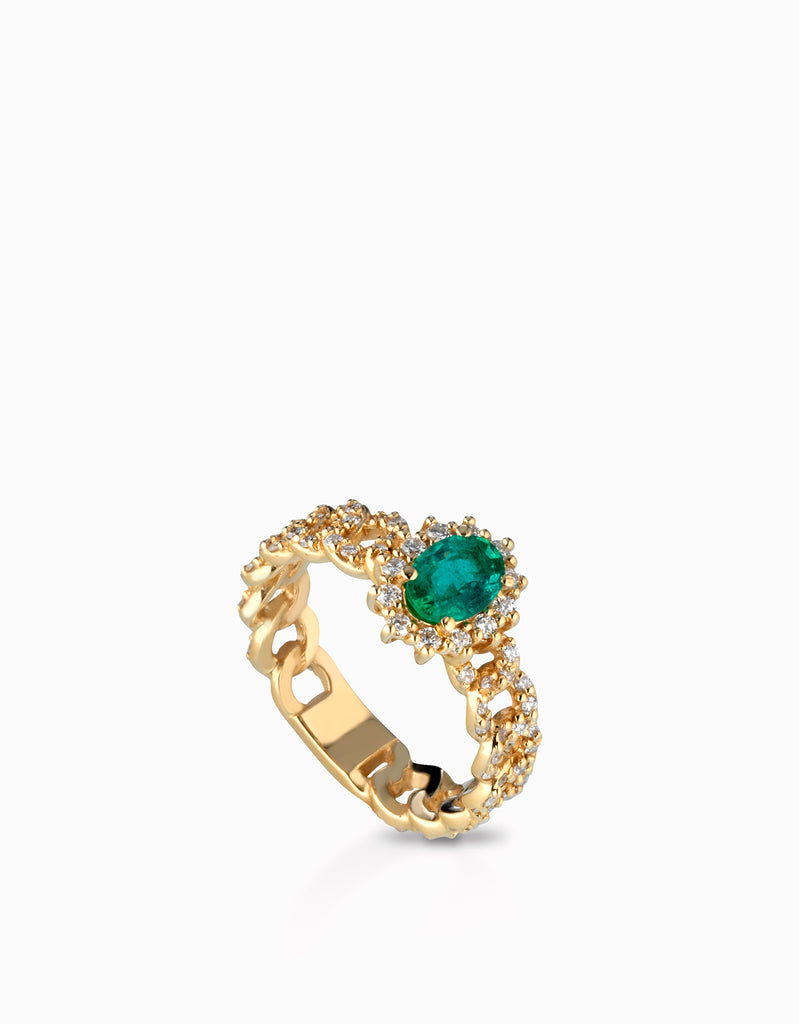 anello grumetta con diamanti e smeraldo centrale in oro giallo
