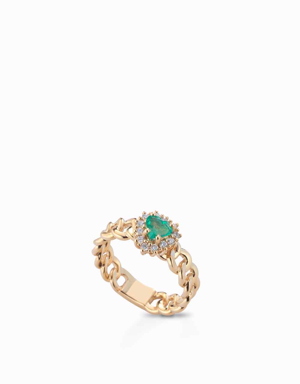Anello a cuore con diamanti e smeraldo centrale in oro giallo