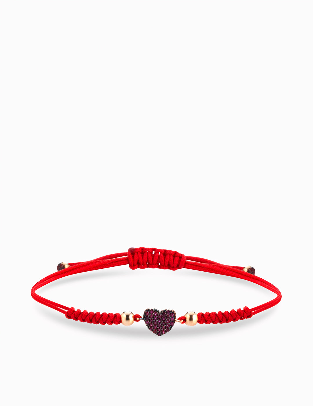bracciale laccio con cuore e sfere in oro rosa e rubini