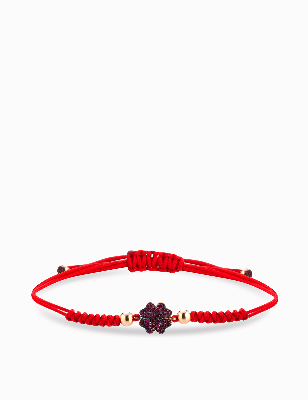 bracciale laccio con quadrifoglio sfere in oro rosa con rubini