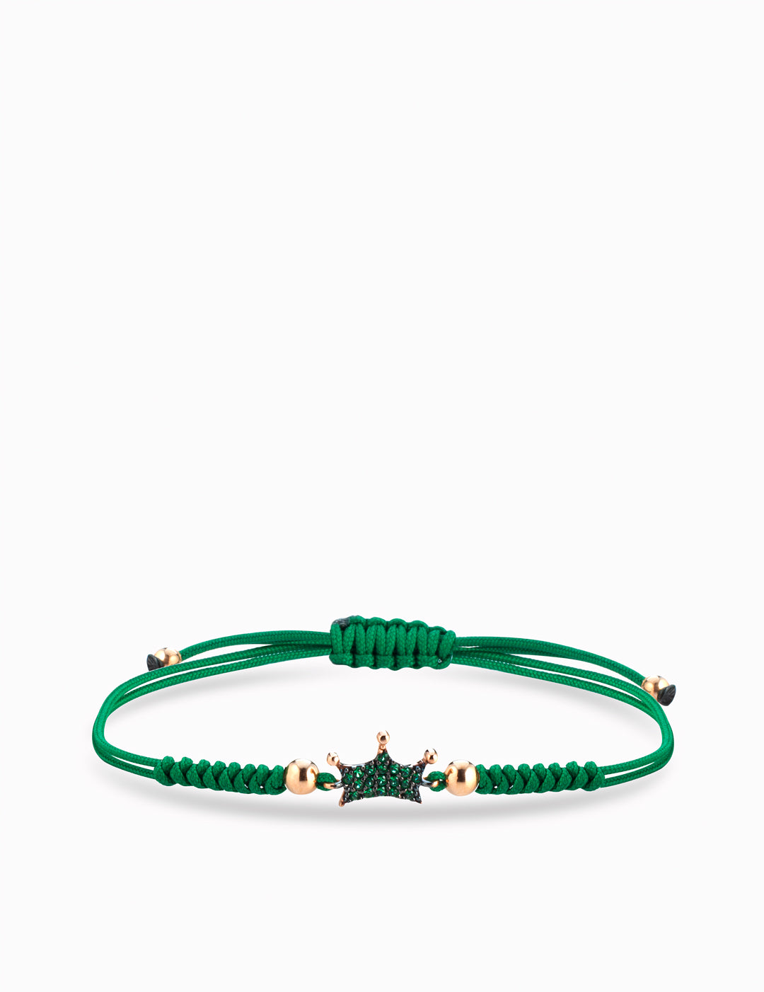 bracciale laccio con corona e sfere in oro giallo con smeraldi