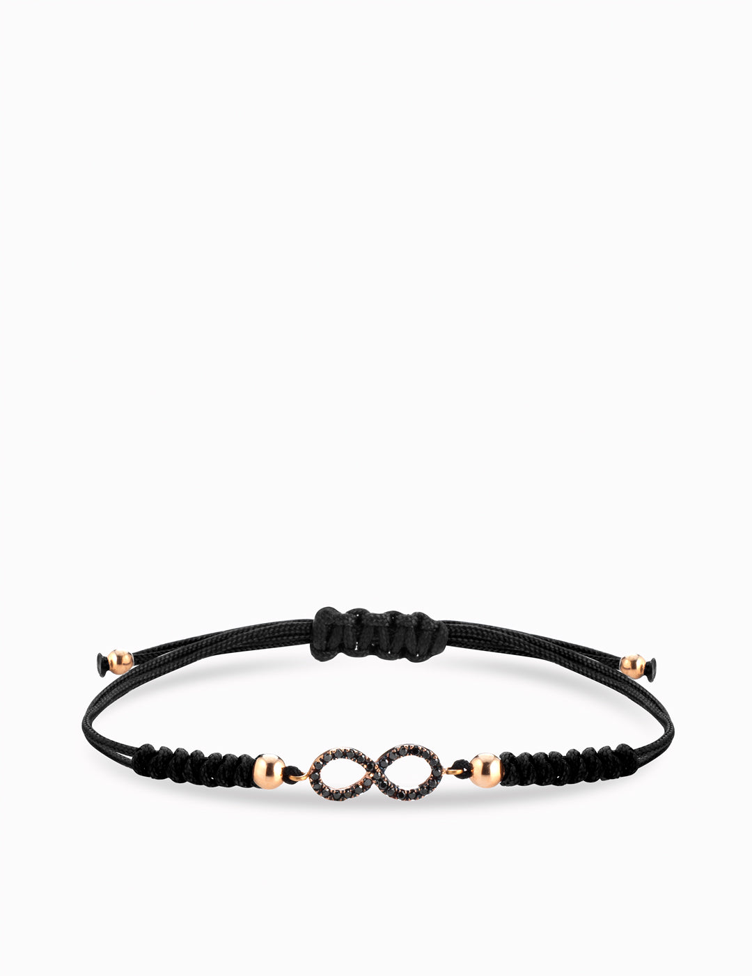 bracciale laccio con infinito e sfere in oro rosa e diamanti neri