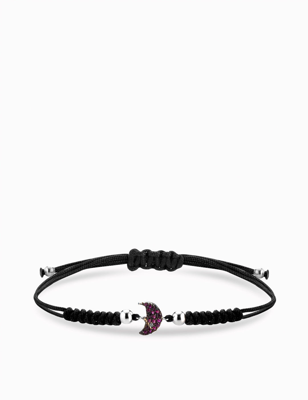 bracciale laccio con luna e sfere in oro bianco con rubini