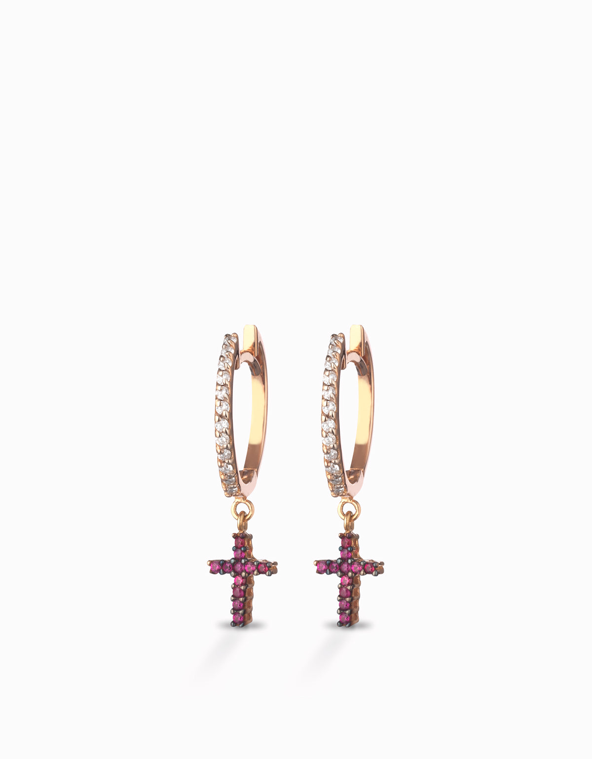 ORECCHINI IN ORO ROSA A CERCHIO PENDENTI CON CROCE E DIAMANTI E RUBINI