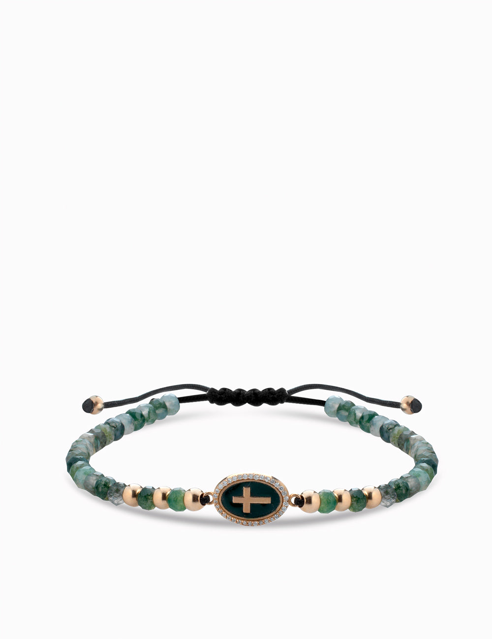 bracciale con croce smaltata verde oro rosa con ematite e diamanti