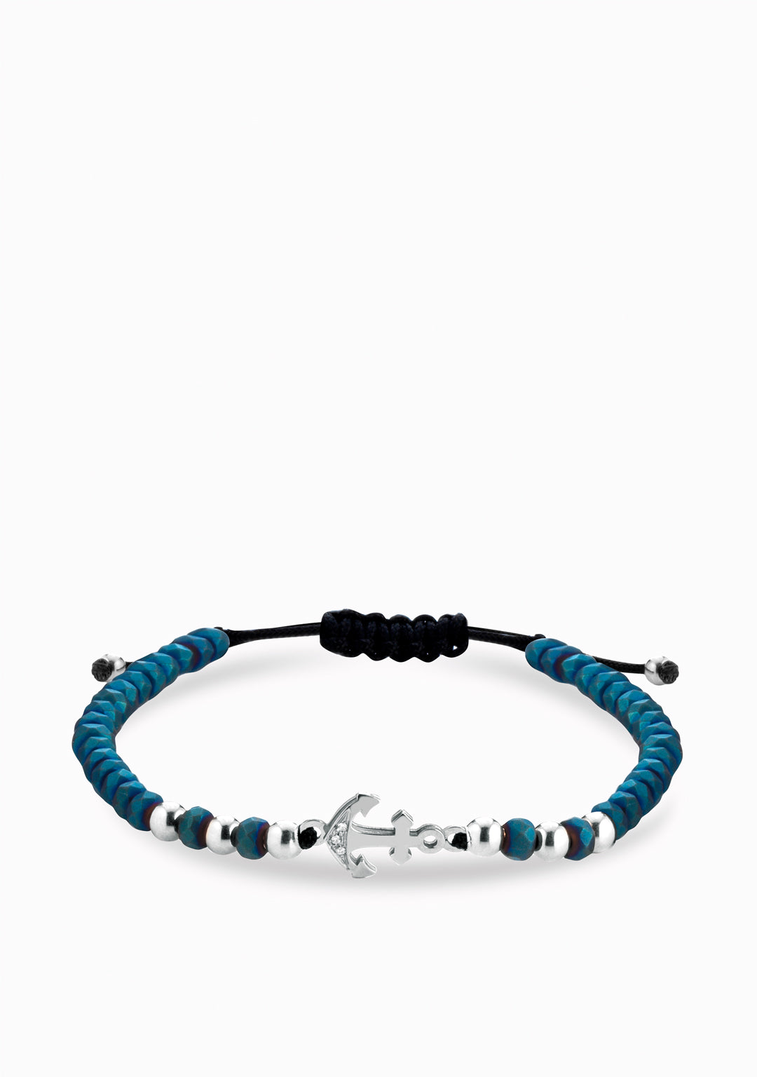 bracciale ematite blu con ancora e sfere in oro bianco e diamanti