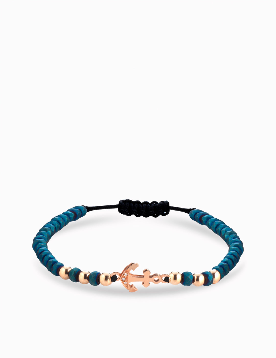 bracciale ematite blu con ancora e sfere in oro rosa e diamanti