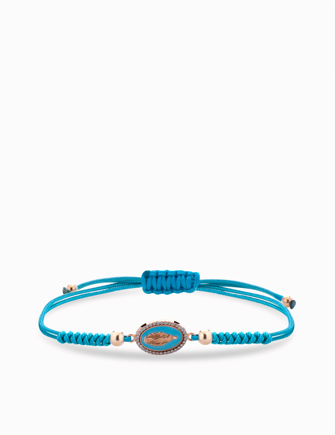 bracciale madonna in oro rosa con laccio celeste, smalto e diamanti