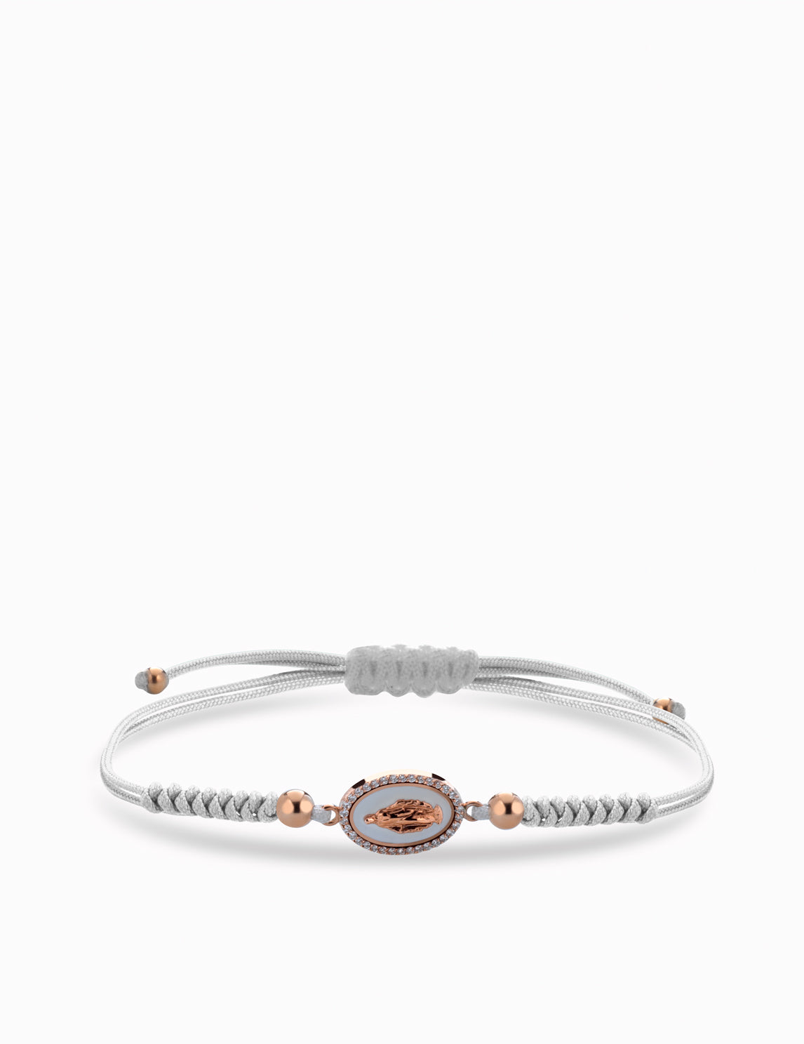 bracciale madonna in oro rosa con laccio bianco, smalto e diamanti