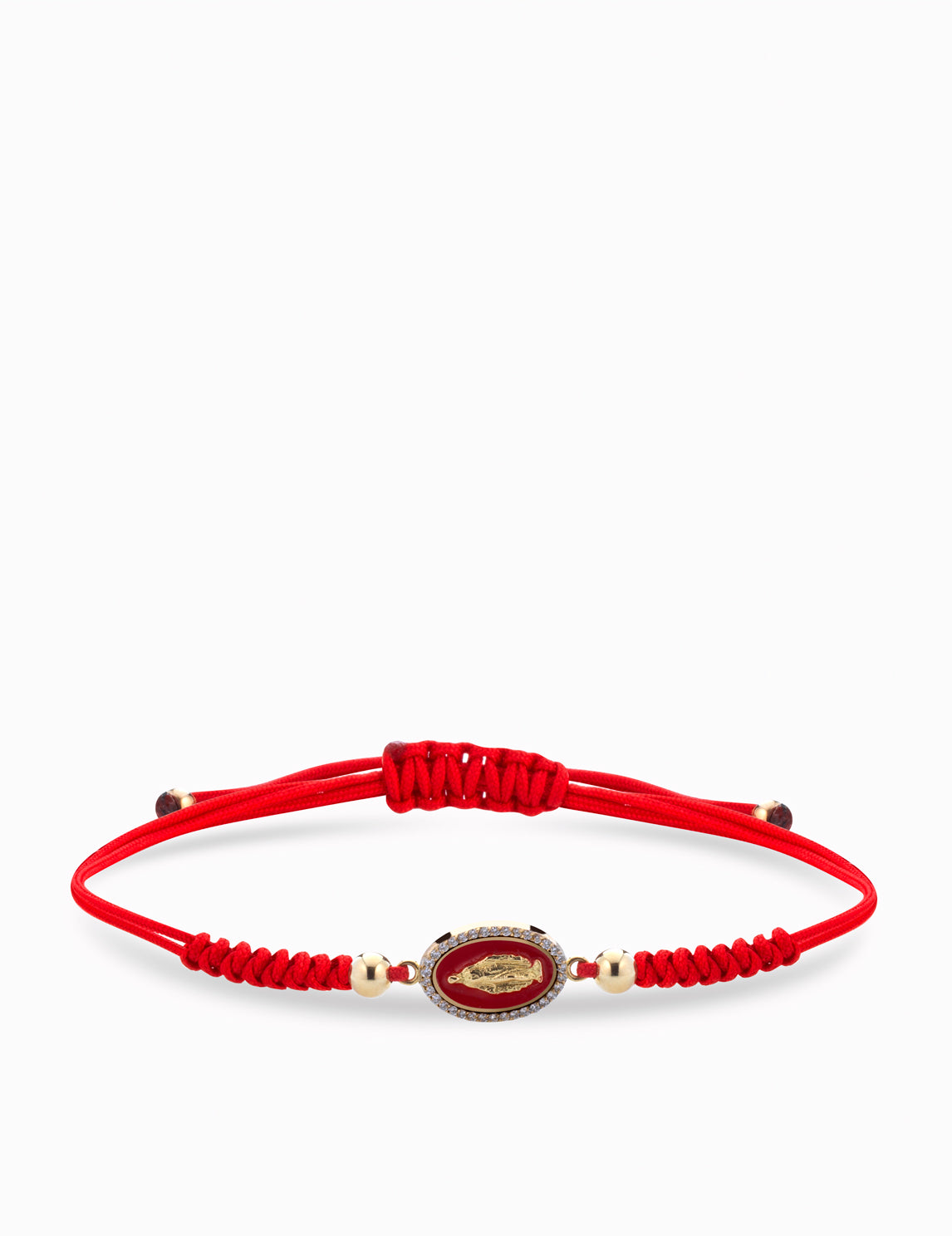bracciale madonna in oro giallo con laccio rosso, smalto e diamanti