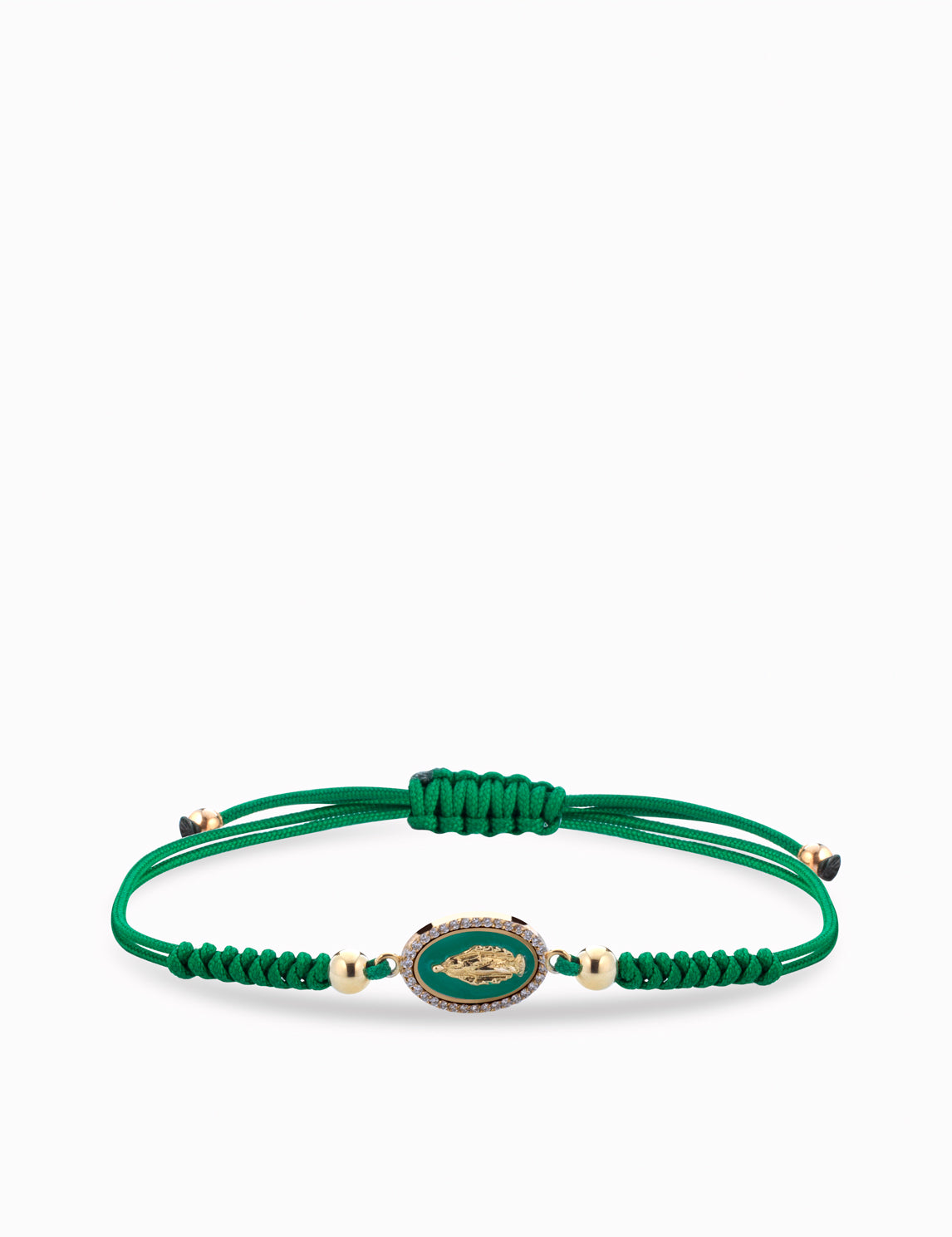 bracciale madonna in oro giallo con laccio verde, smalto e diamanti