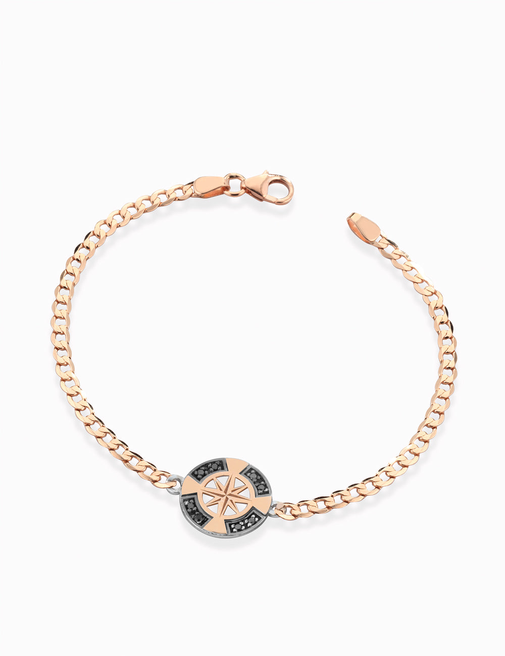 bracciale con catena in oro rosa rosa dei venti con diamanti neri