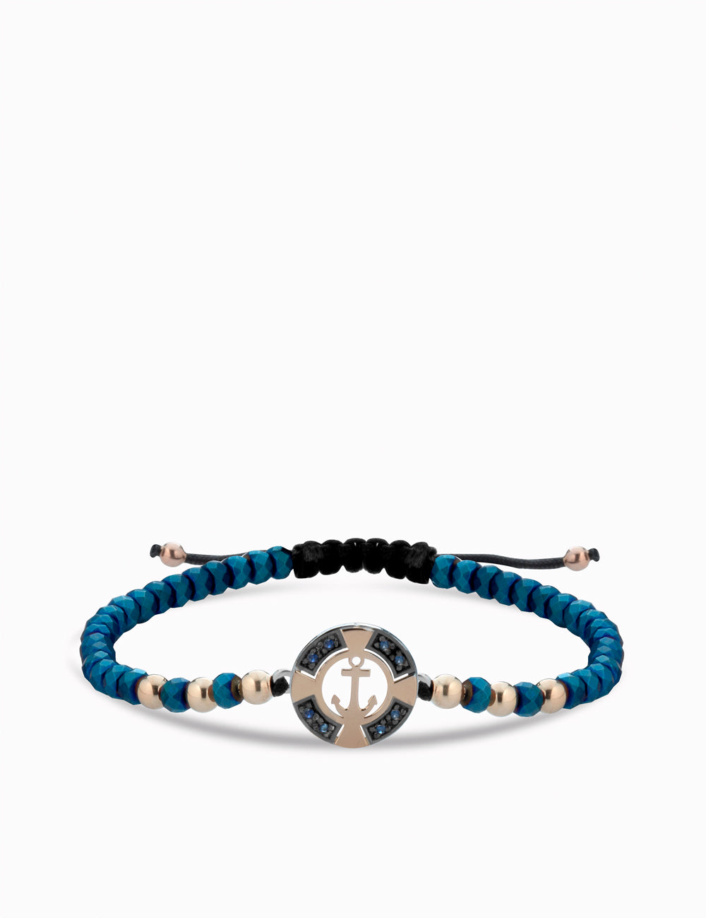 bracciale ancora in oro rosa con ematite blu e zaffiri