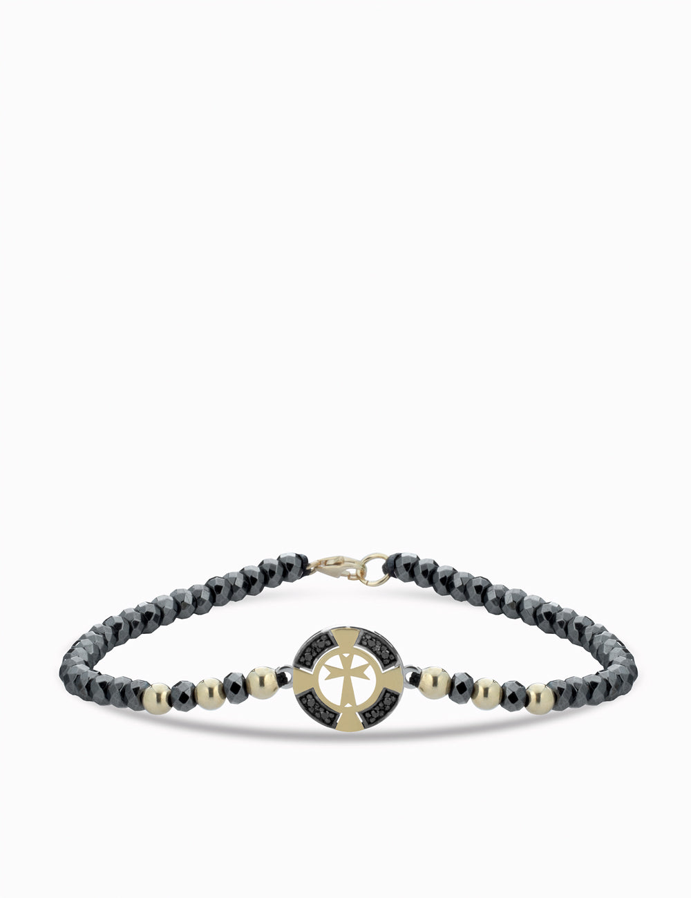 bracciale croce in oro giallo con ematite e diamanti neri