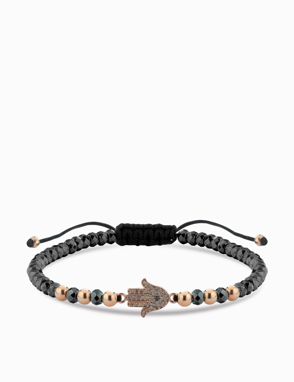 bracciale con mano di fatima in oro rosa ematite e diamanti neri e brown