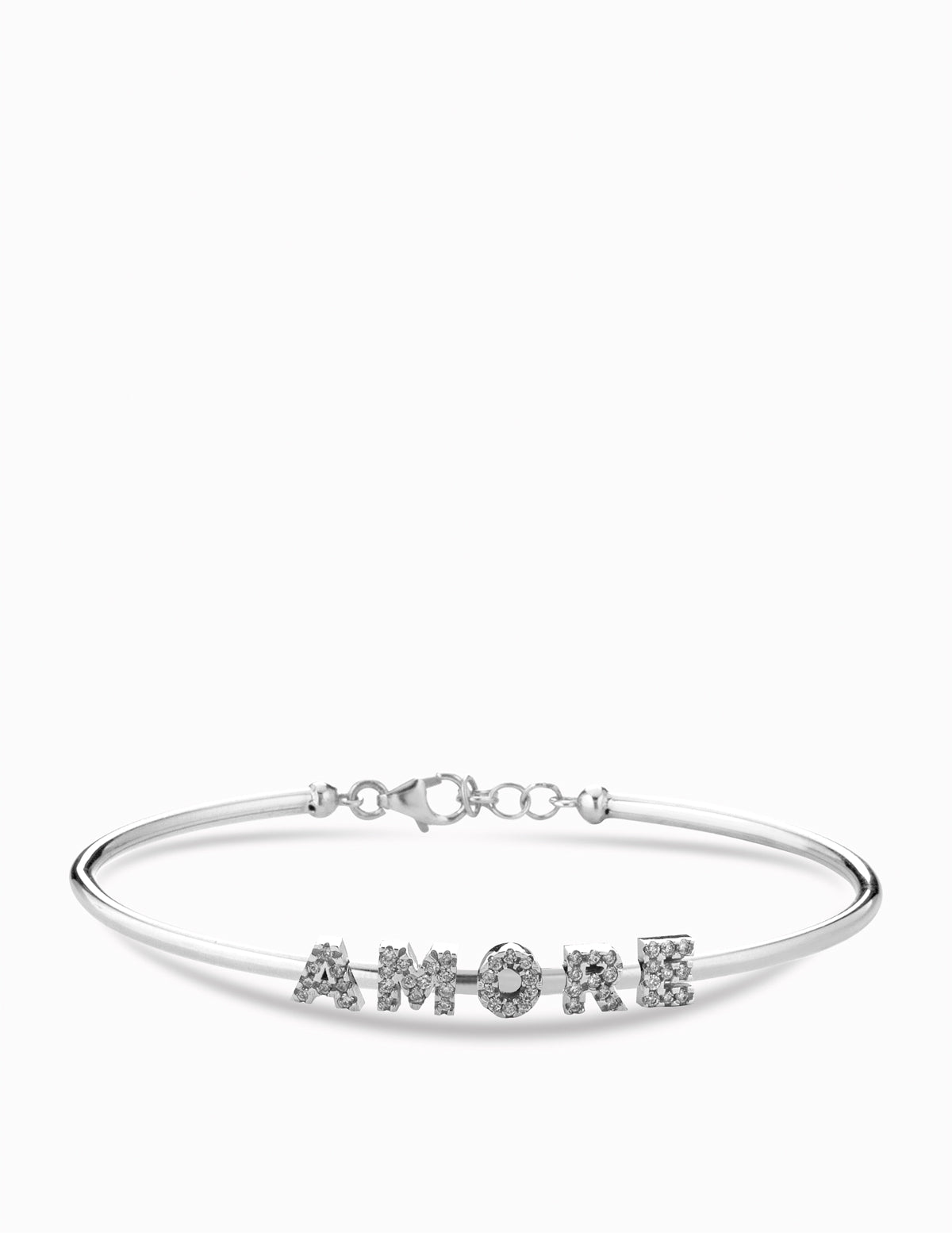 Bracciale rigido con scritta amore in oro bianco e diamanti