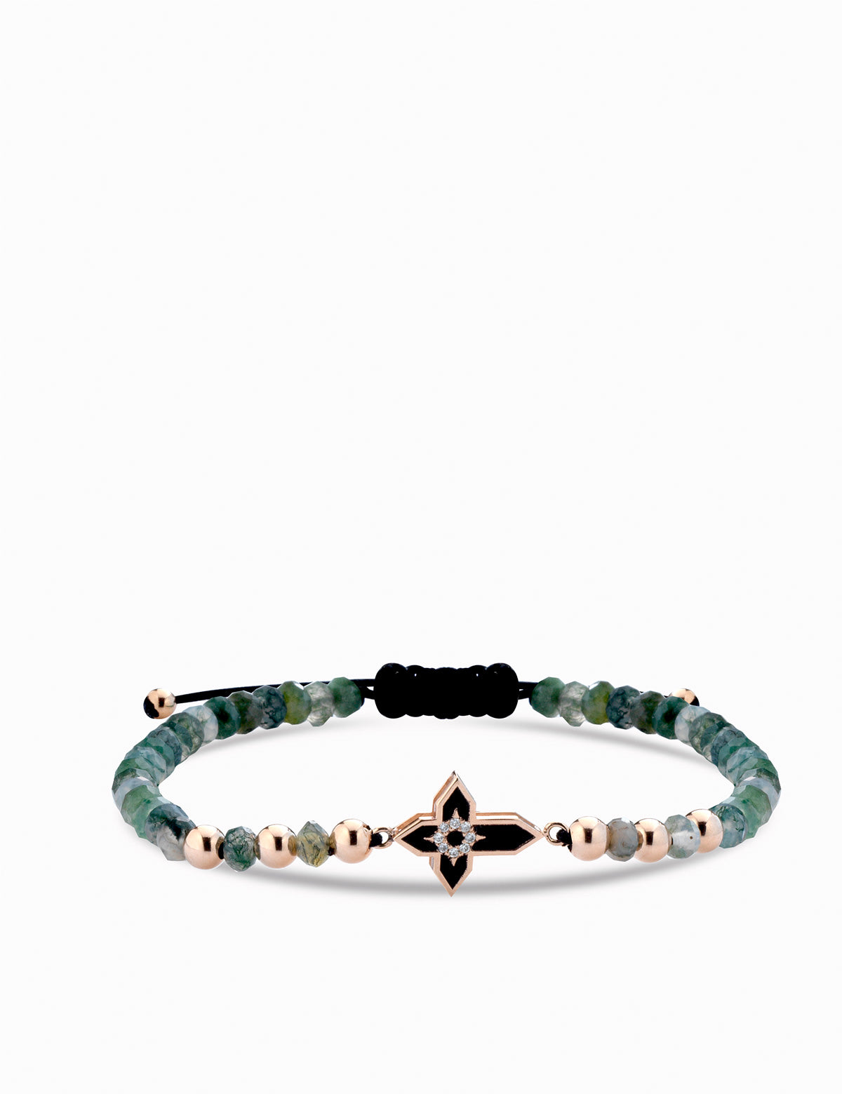 bracciale con croce in oro rosa smaltata verde e diamanti con ematite verde