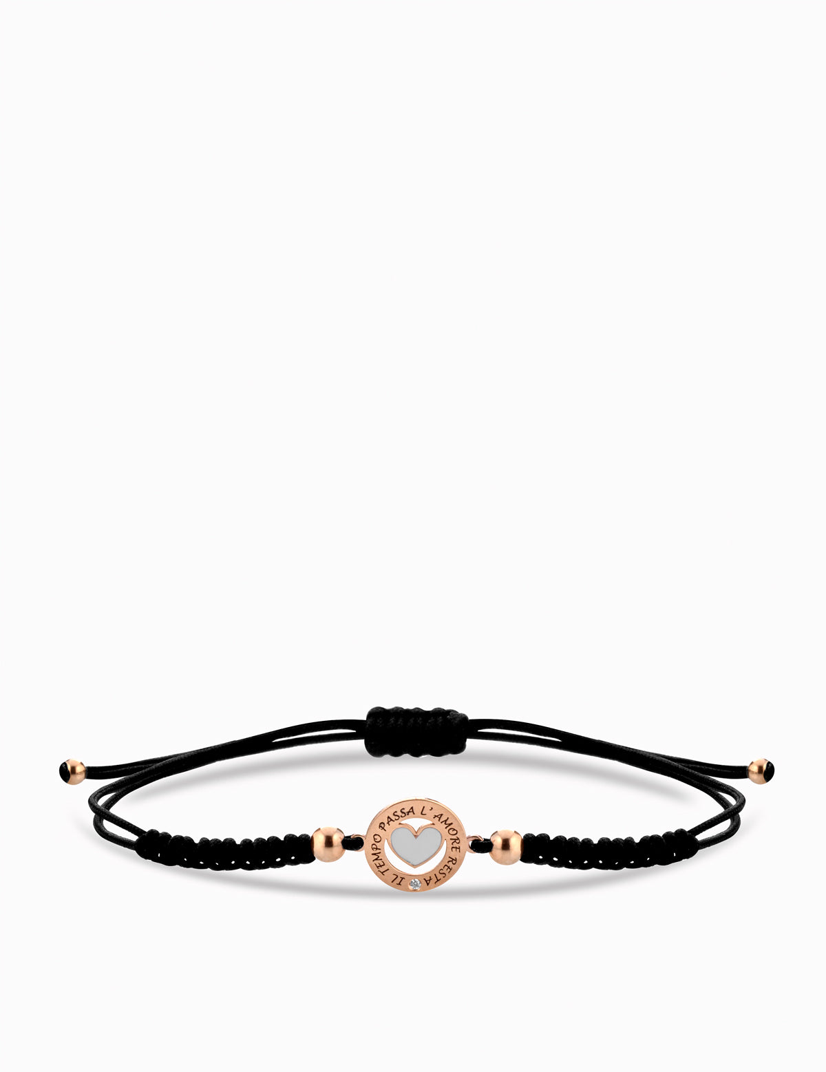 BRACCIALE CON CUORE SMALTATO BIANCO IN ORO ROSA CON  LACCIO NERO