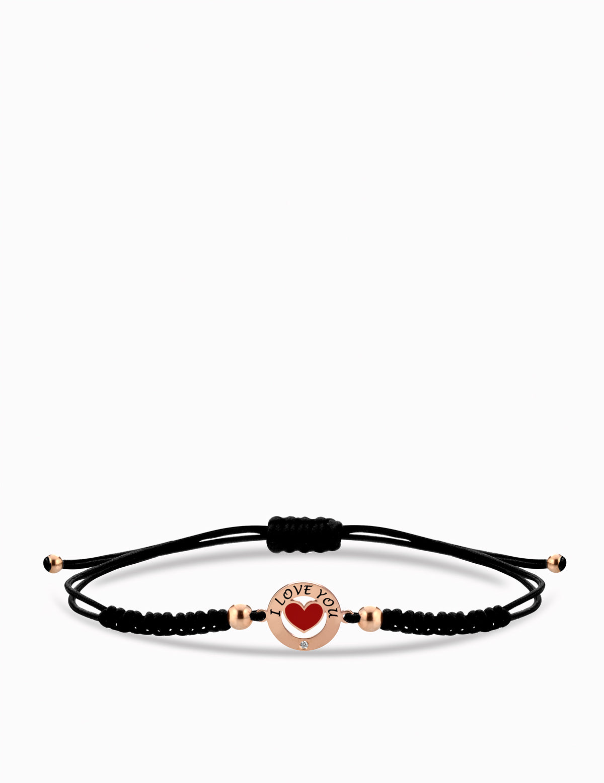 BRACCIALE CON CUORE SMALTATO ROSSO IN ORO ROSA CON LACCIO NERO