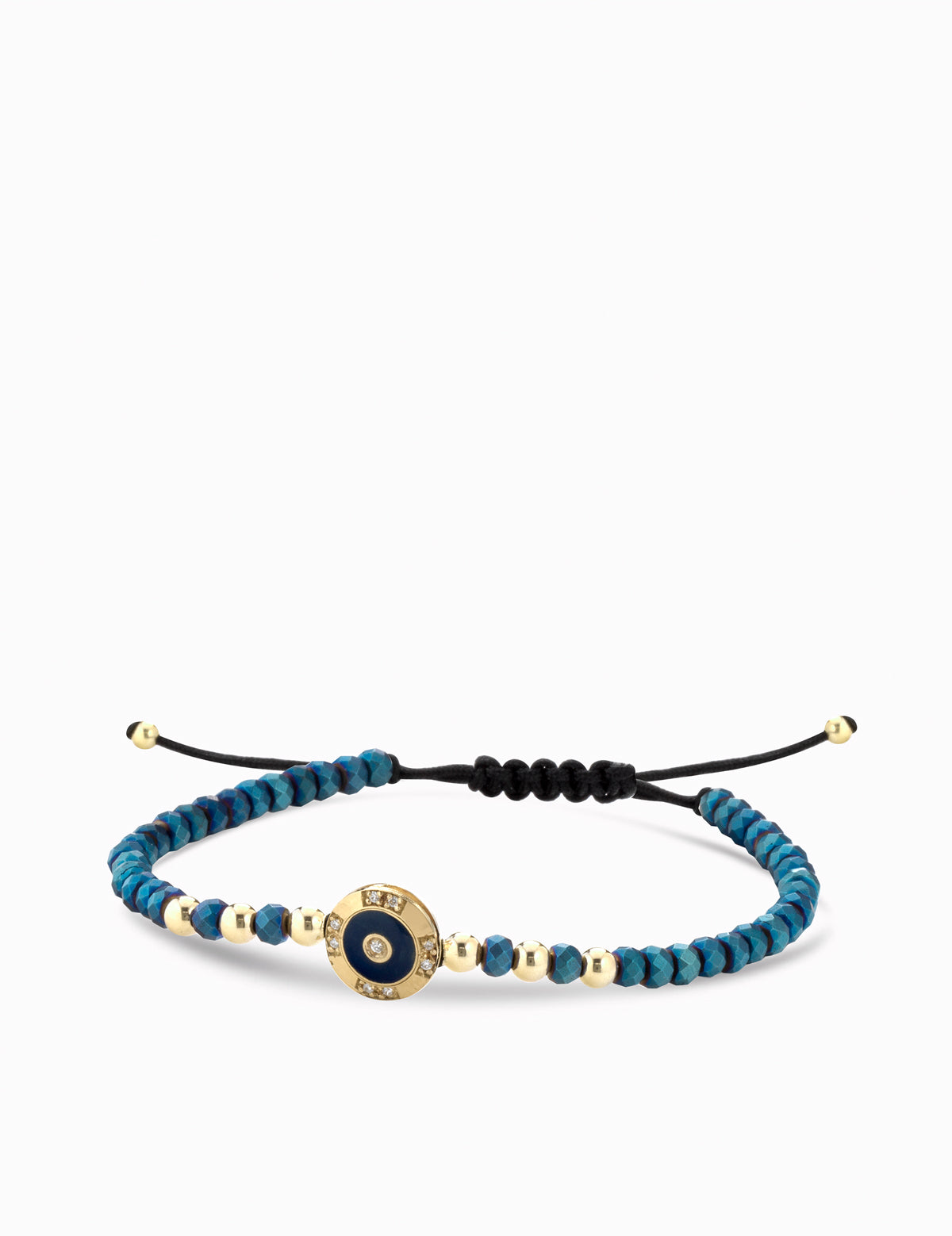 Bracciale monetina in oro giallo con diamantini ed ematite blu