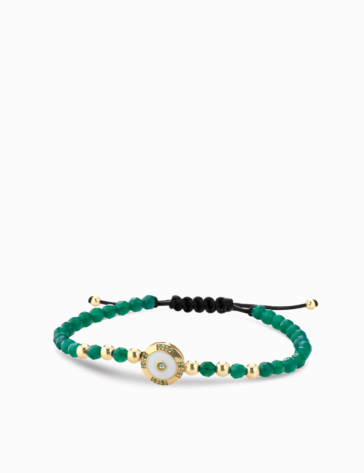 Bracciale a monetina in oro giallo con smeraldi ed ematite verde