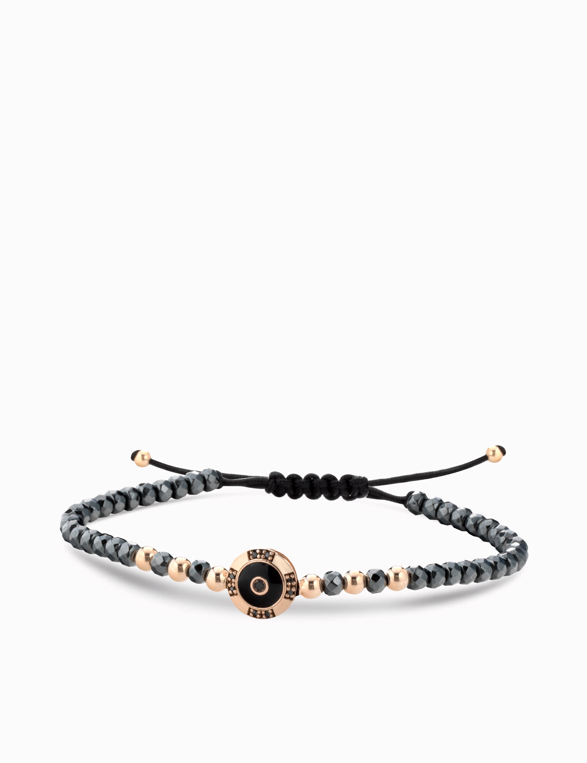 Bracciale a monetina in oro rosa con diamanti neri ed ematite grigia
