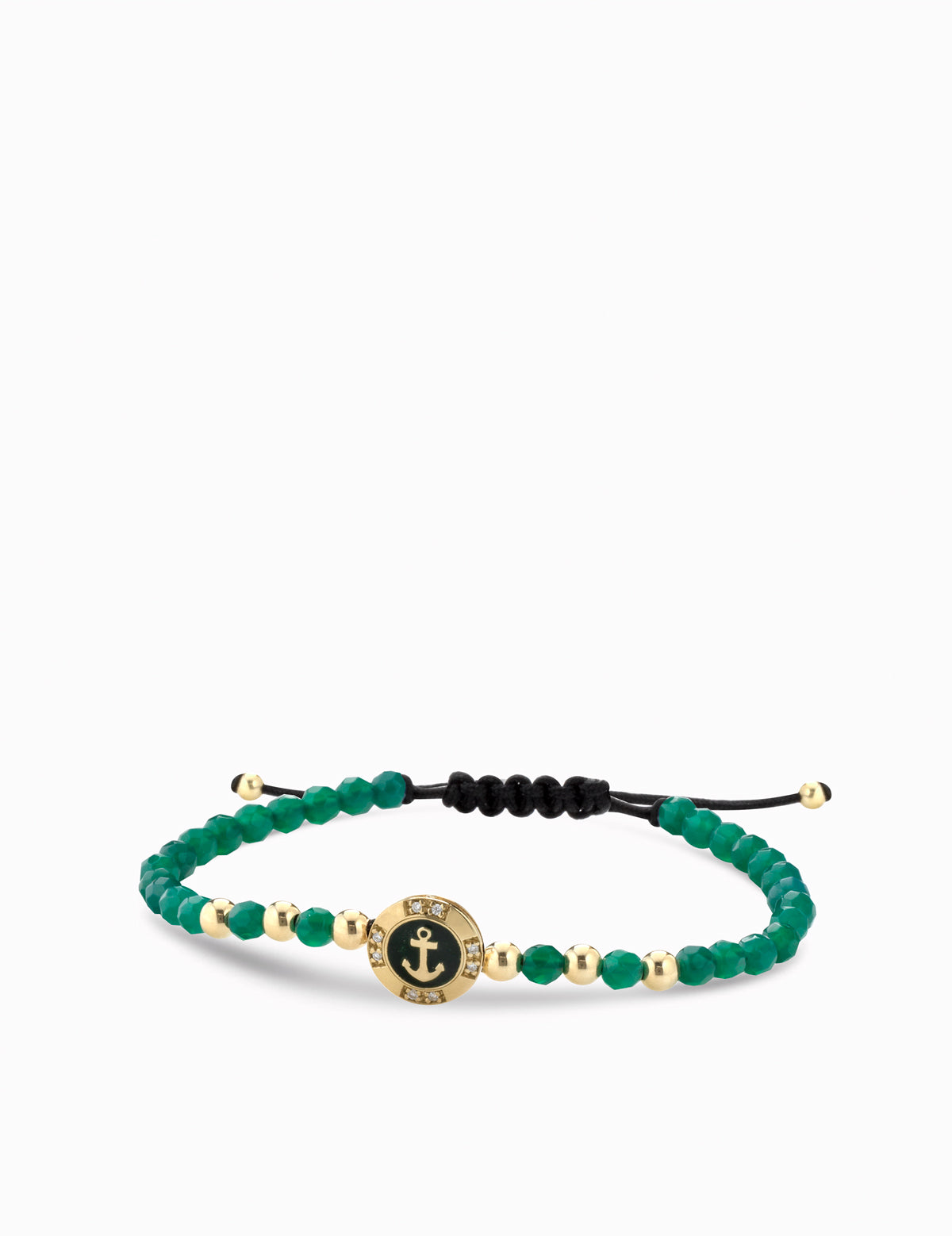 Bracciale a monetina in oro giallo con diamanti e ancora ed ematite verde